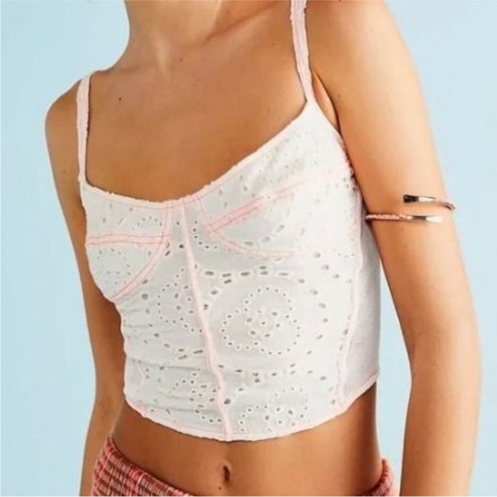 NWT Free People Intimately White Eyelet Bustier Crop Top with Neon Pink Trim M